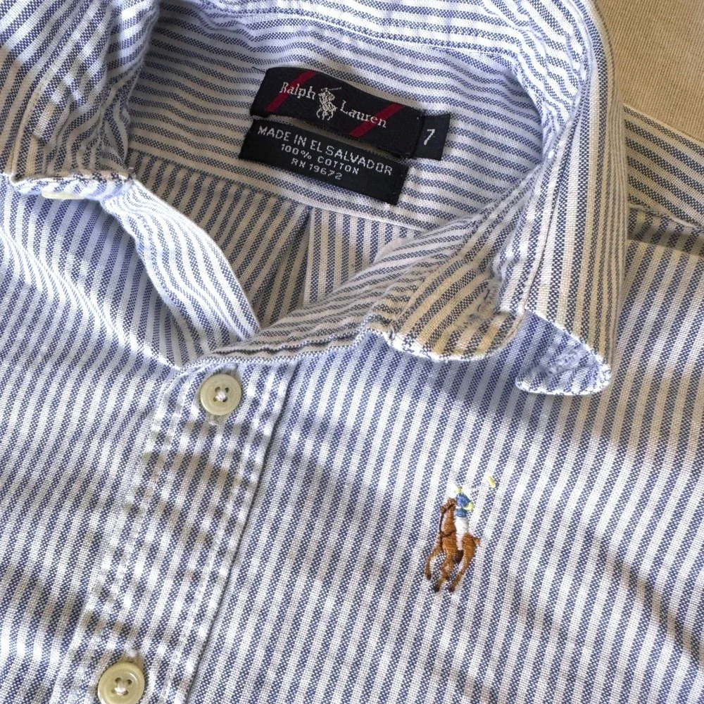 Ralph Lauren Boys Size 7 Blue White Striped Oxford Shirt Pony Logo Button Down